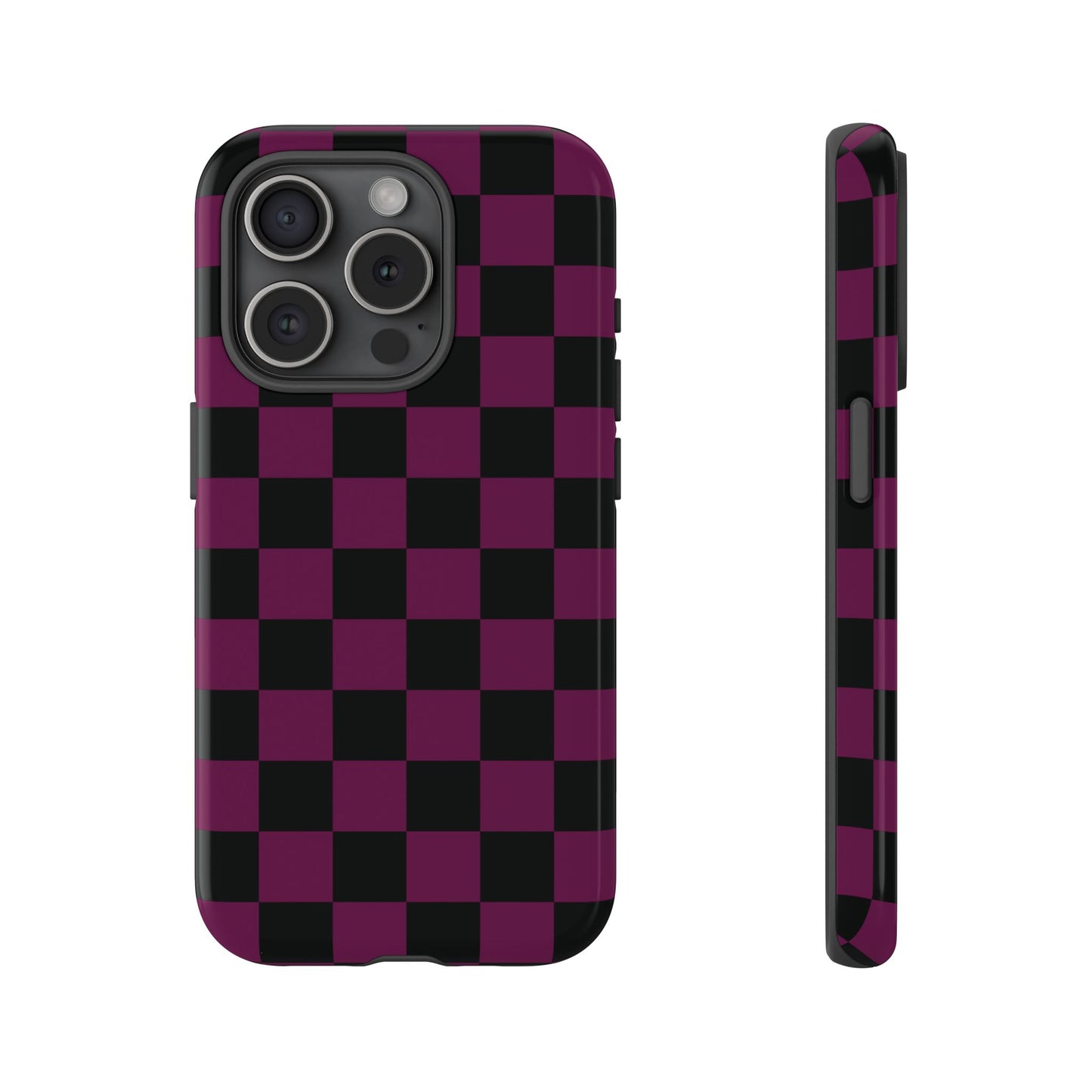 iPhone 15 Pro / Glossy Phone Case - Trendy Plum & Black Checked Pattern Phone Case
