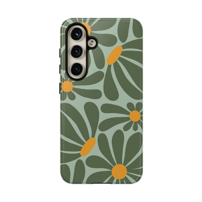 Retro Green Daisy Pattern Phone Case - Green Phone Case - Samsung Galaxy S24 / Glossy
