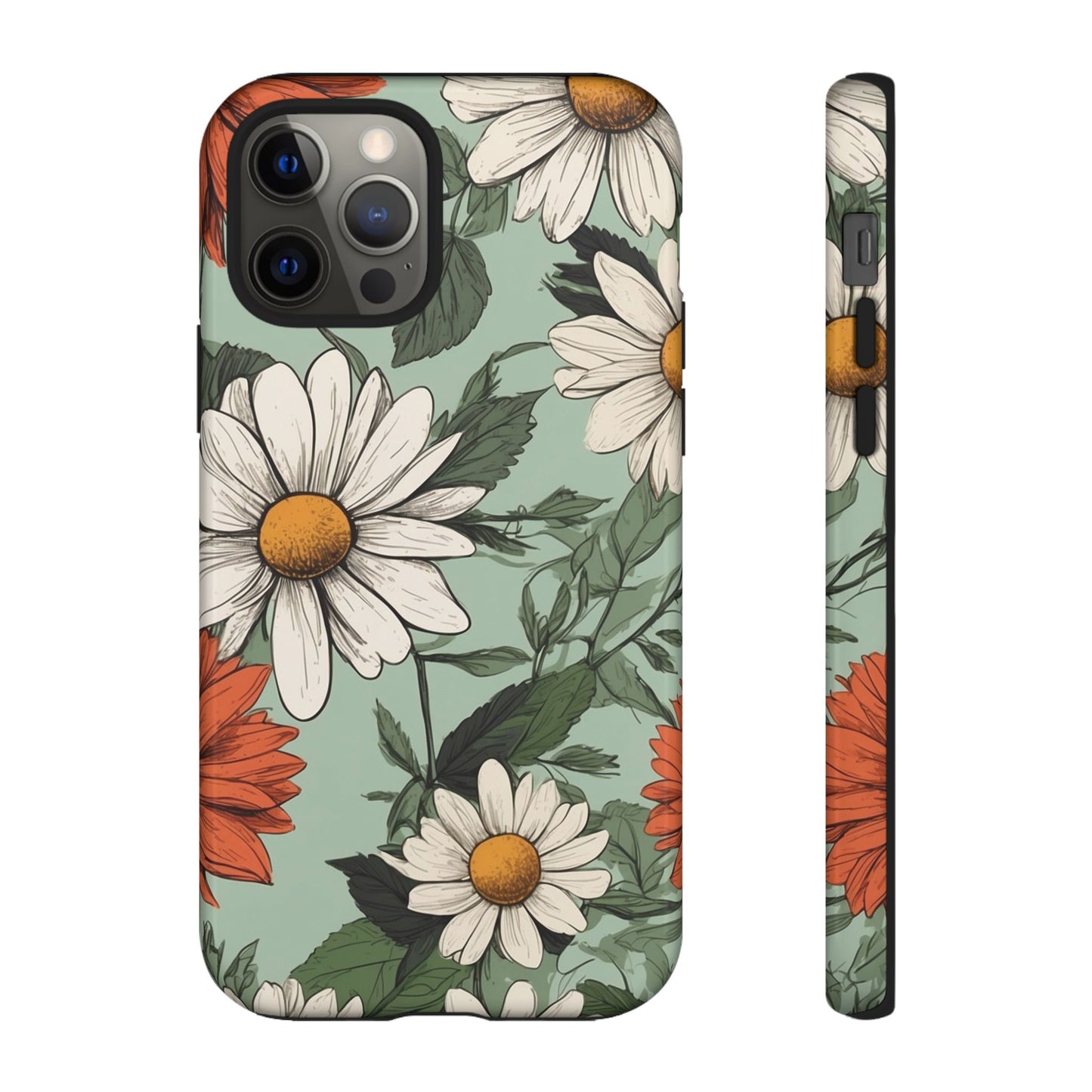 iPhone 12 Pro / Glossy Phone Case - Boho Chic Daisies Floral Pattern ’White & Orange’ Phone Case