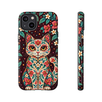 Vibrant Terracotta and Teal Calavera Cat Phone Case - Multicolor Phone Case - iPhone 14 Plus / Glossy