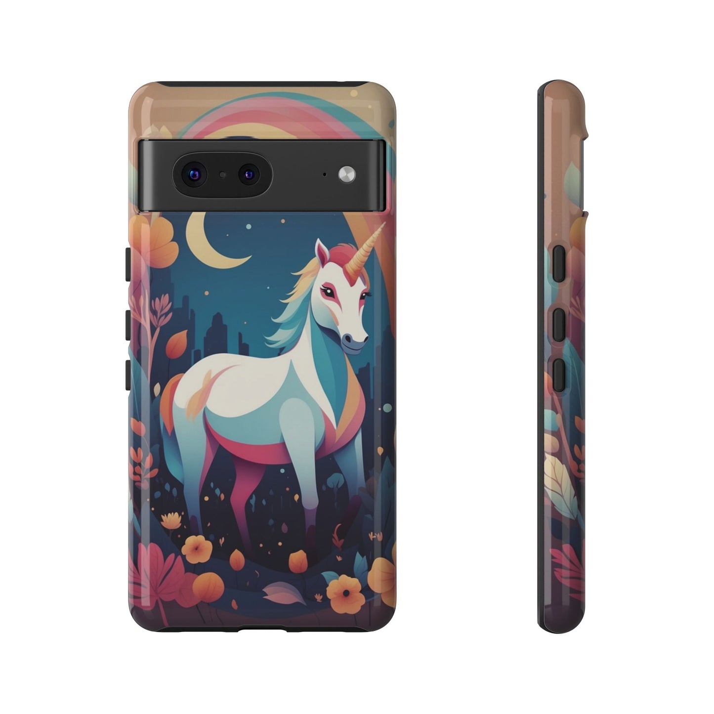 Google Pixel 7 / Glossy Phone Case - Stylised Unicorn & Rainbow Design Phone Case