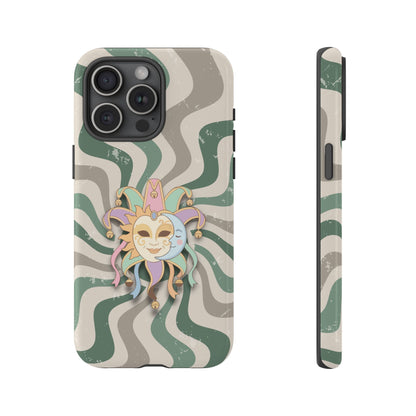 iPhone 15 Pro Max / Glossy Phone Case - Sun & Moon Jester Mask – Green Retro Wave Phone Case