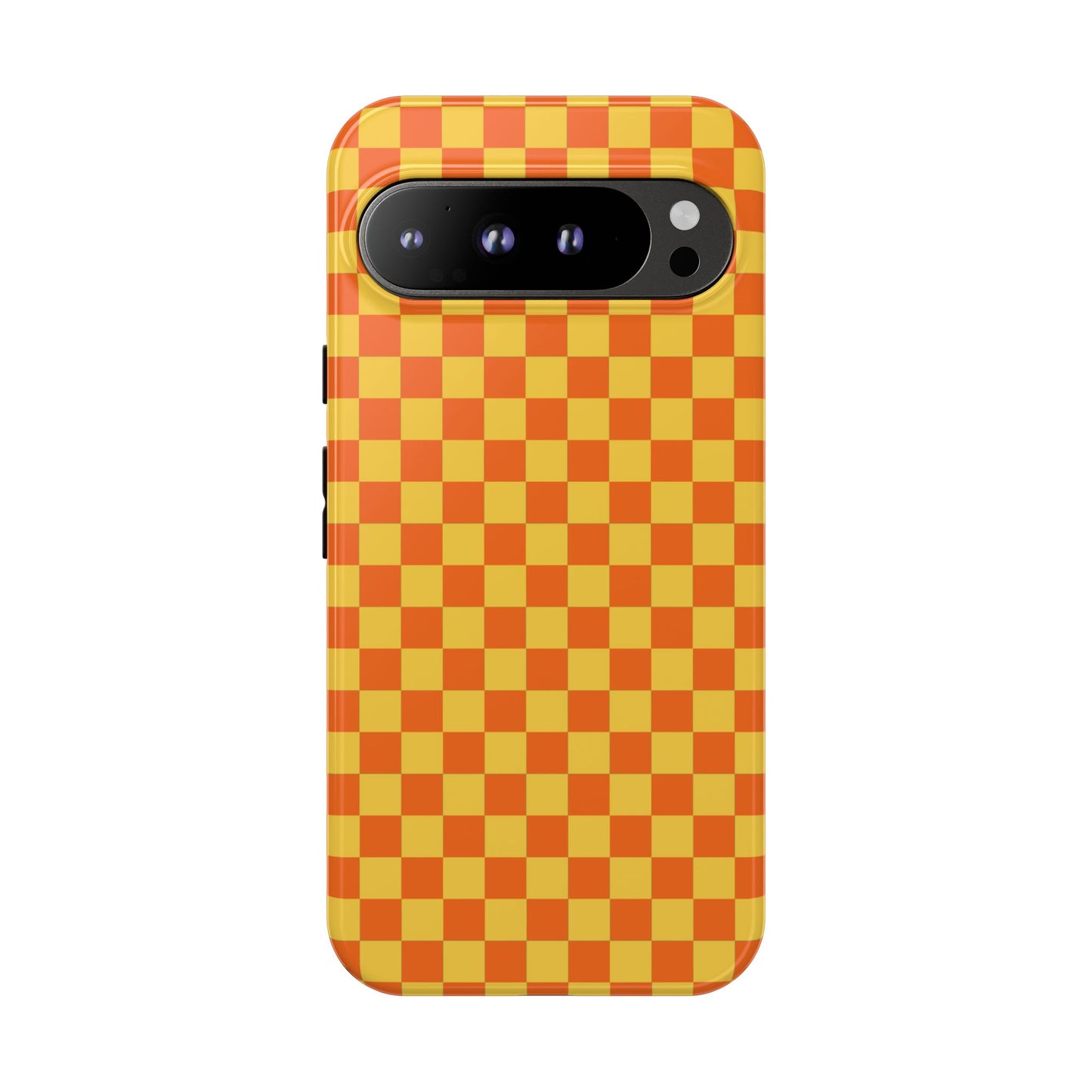 Google Pixel 9 Pro XL / Glossy Phone Case - Trendy Orange & Yellow Small Checked Pattern Phone Case