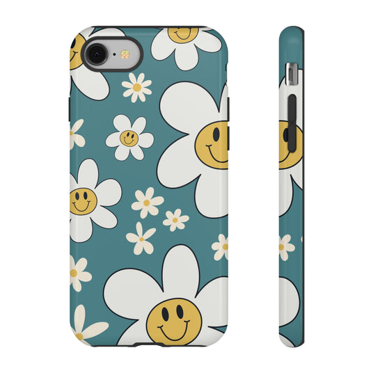iPhone 8 / Glossy Phone Case - Fun Retro Daisy Pattern with Light Blue Background Phone Case