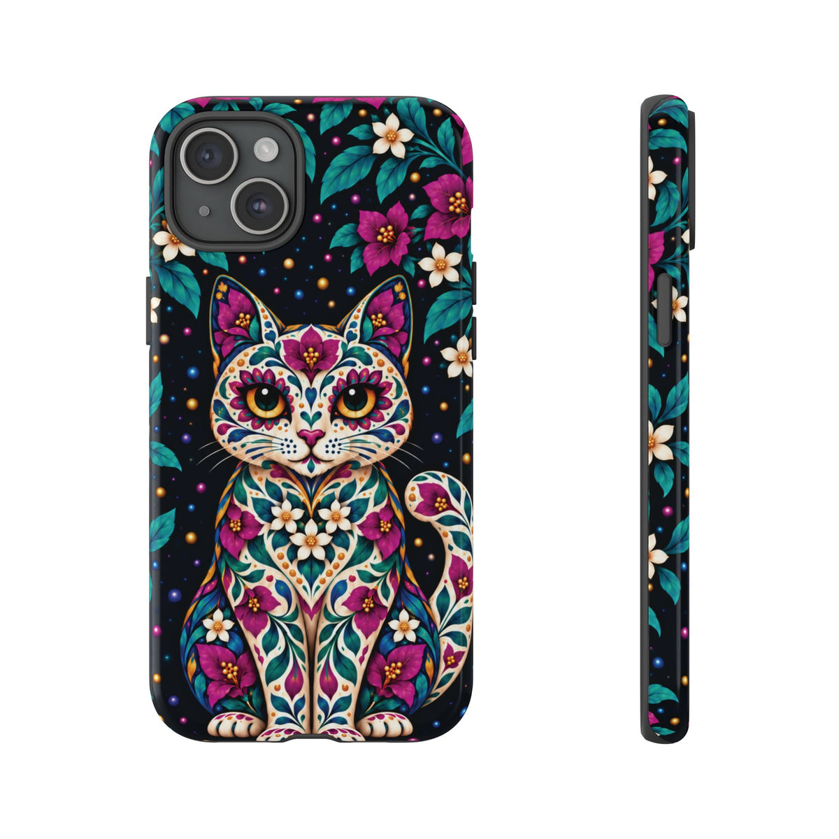 Vibrant Purple and Teal Calavera Cat Phone Case - Multicolor Phone Case - iPhone 15 Plus / Glossy