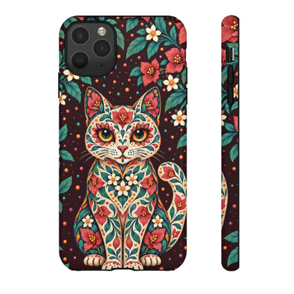 Vibrant Terracotta and Teal Calavera Cat Phone Case - Multicolor Phone Case - iPhone 11 Pro Max / Glossy