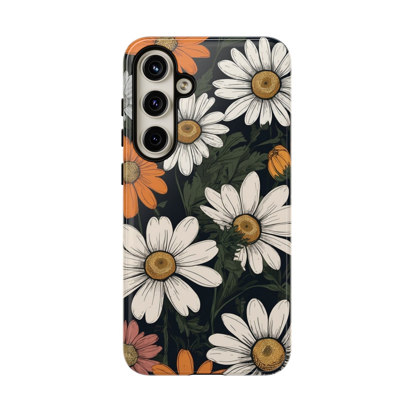 Samsung Galaxy S24 Plus / Glossy Phone Case - Boho Chic Daisies Floral Pattern ’White Orange & Pink’ Phone Case