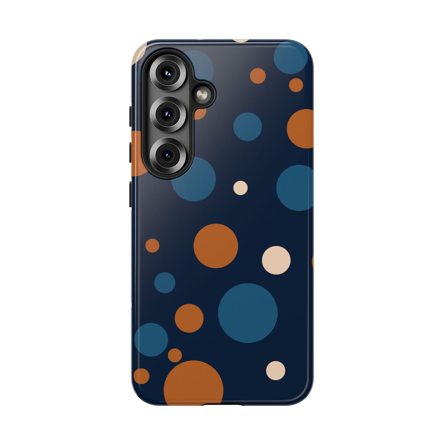 Samsung Galaxy S25 / Glossy Phone Case - ’Bold Navy Blue & Orange / White Dot Pattern’ Phone Case