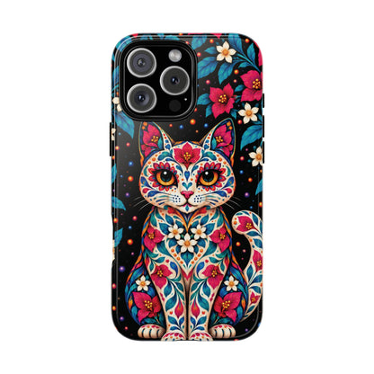 Vibrant Pink and Turquoise Calavera Cat Phone Case - Multicolor Phone Case - iPhone 16 Pro Max / Glossy