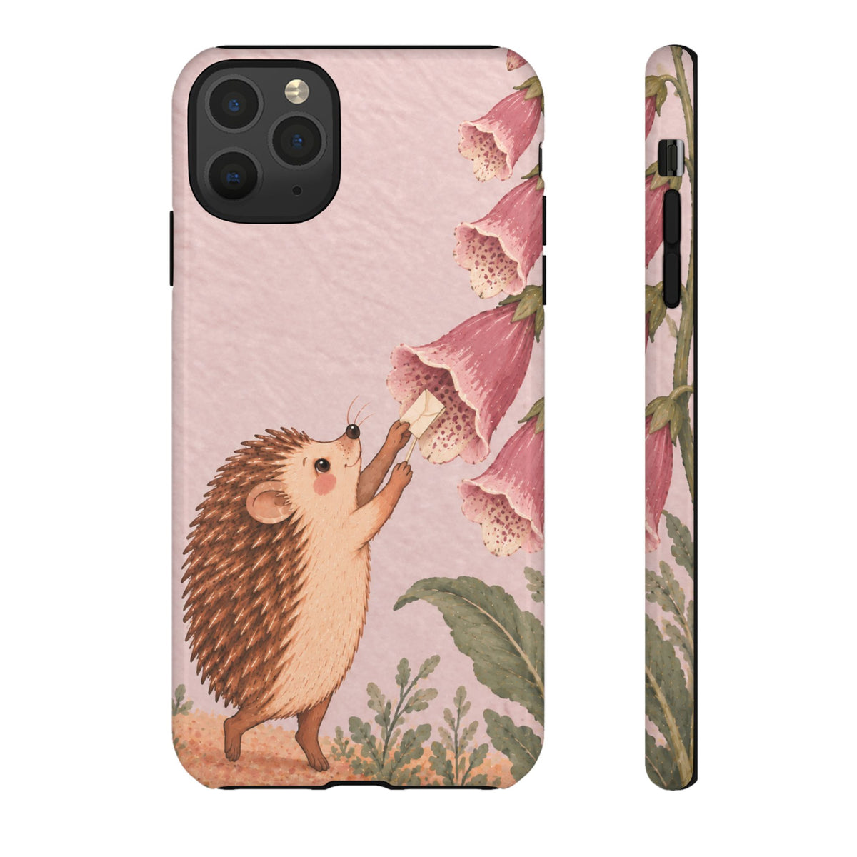 Whimsical Blush Pink Hedgehog and Foxglove Phone Case - Pink Phone Case - iPhone 11 Pro Max / Glossy