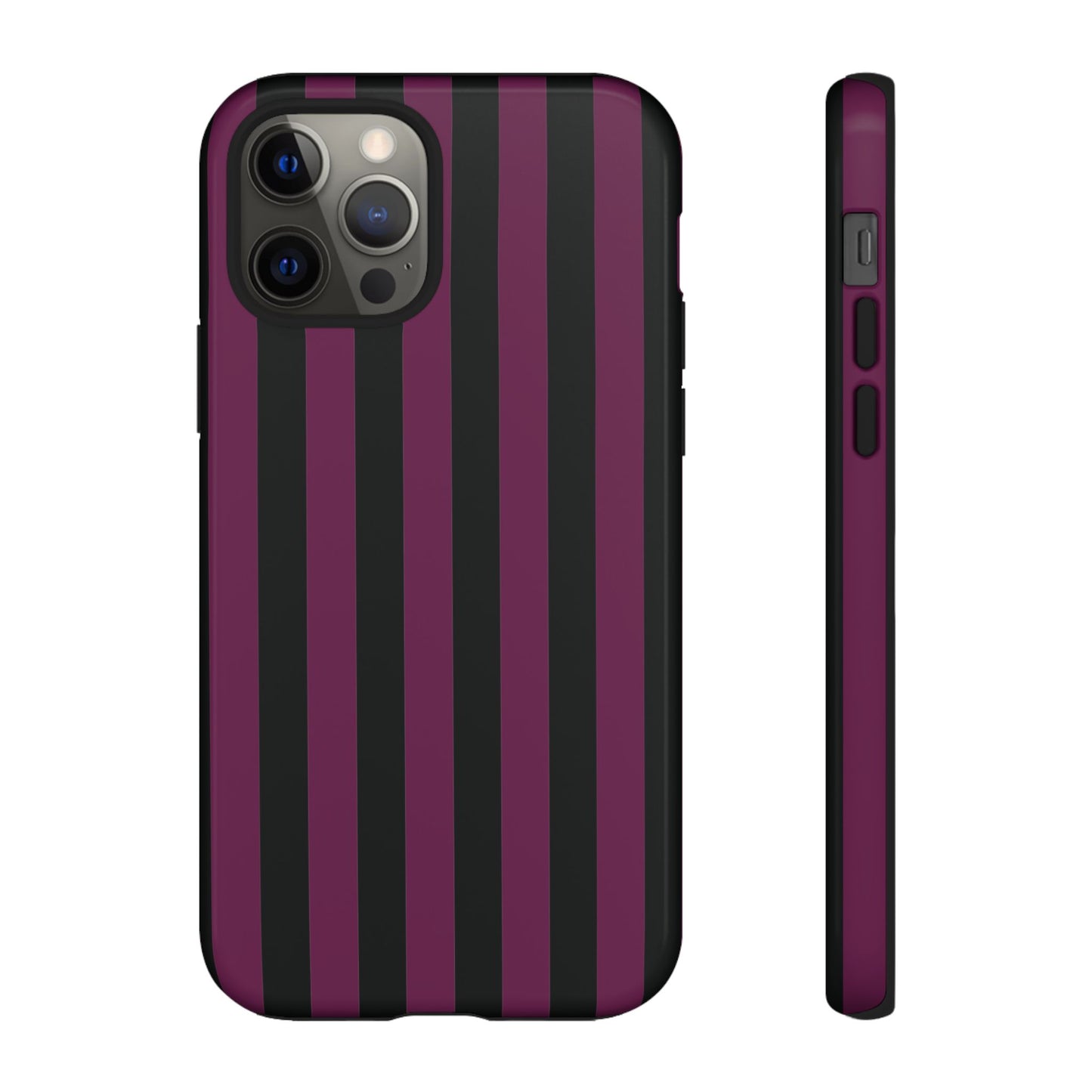 iPhone 12 Pro / Glossy Phone Case - Trendy Plum & Black Stripe Pattern Phone Case