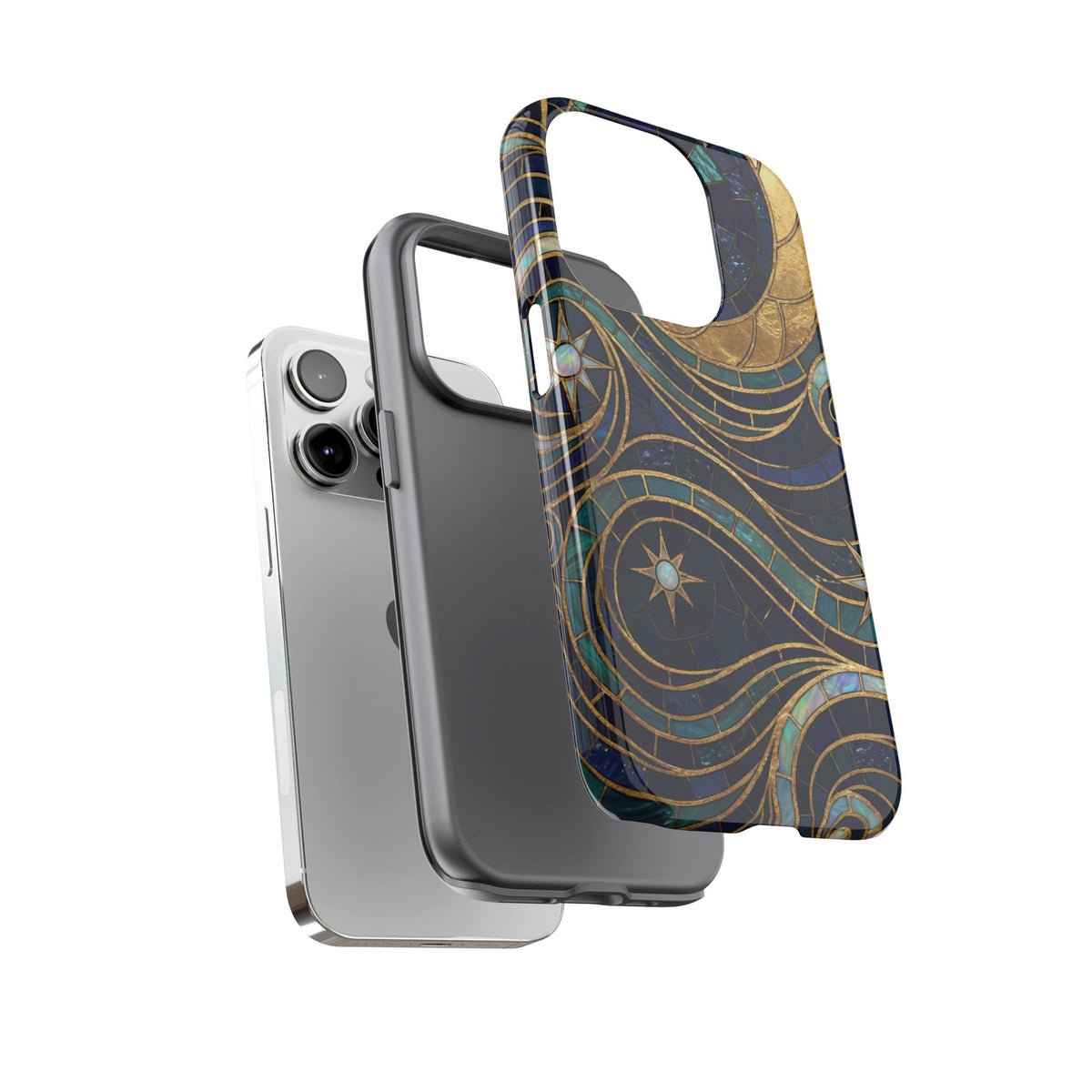 Elegant Navy & Gold Crescent Moon Mosaic Phone Case