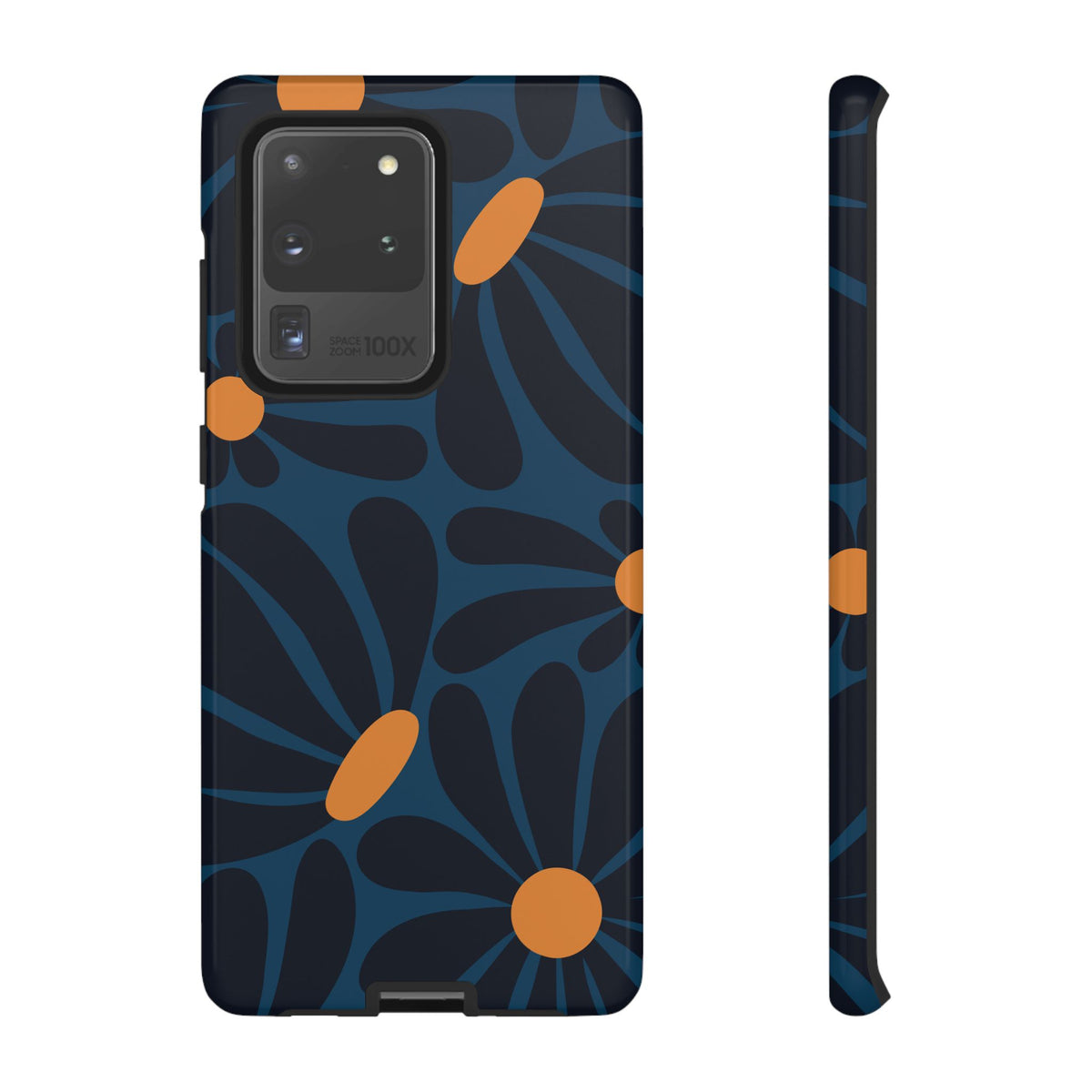 Dark Blue & Orange Daisy Pattern Phone Case - Blue Phone Case - Samsung Galaxy S20 Ultra / Glossy