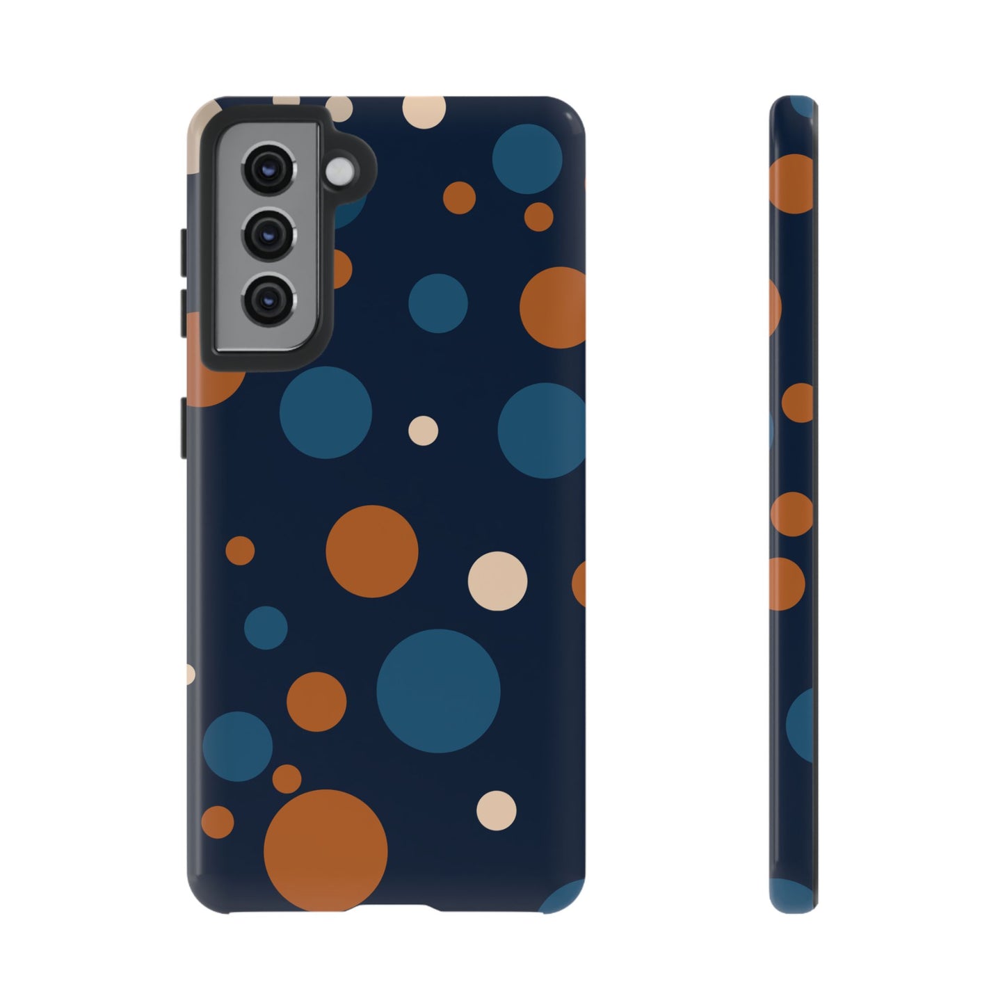 Samsung Galaxy S21 / Glossy Phone Case - ’Bold Navy Blue & Orange / White Dot Pattern’ Phone Case