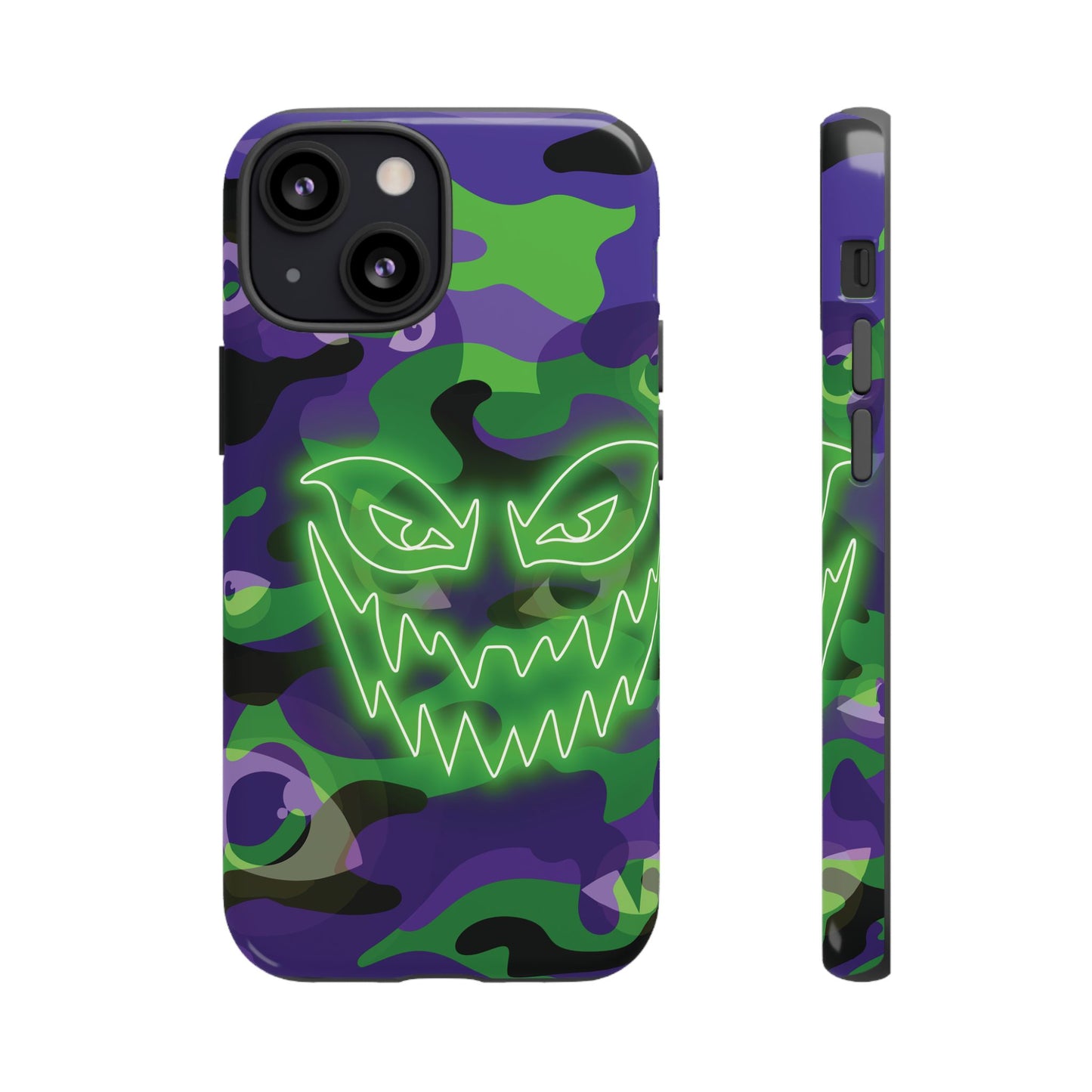 iPhone 13 Mini / Glossy Phone Case - Green & Purple Neon Face Camo Phone Case