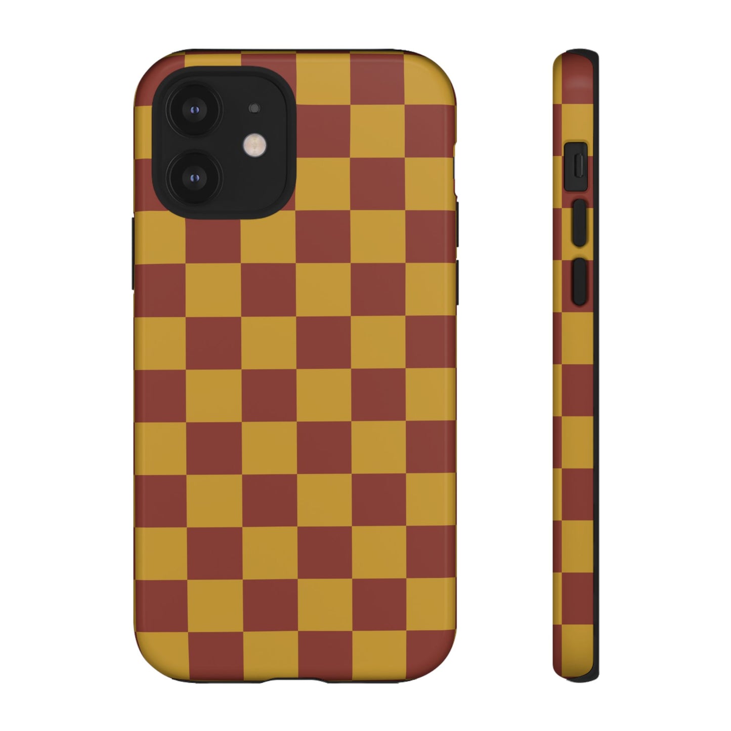 iPhone 12 / Glossy Phone Case - Trendy Mustard & Burgandy Checked Pattern Phone Case