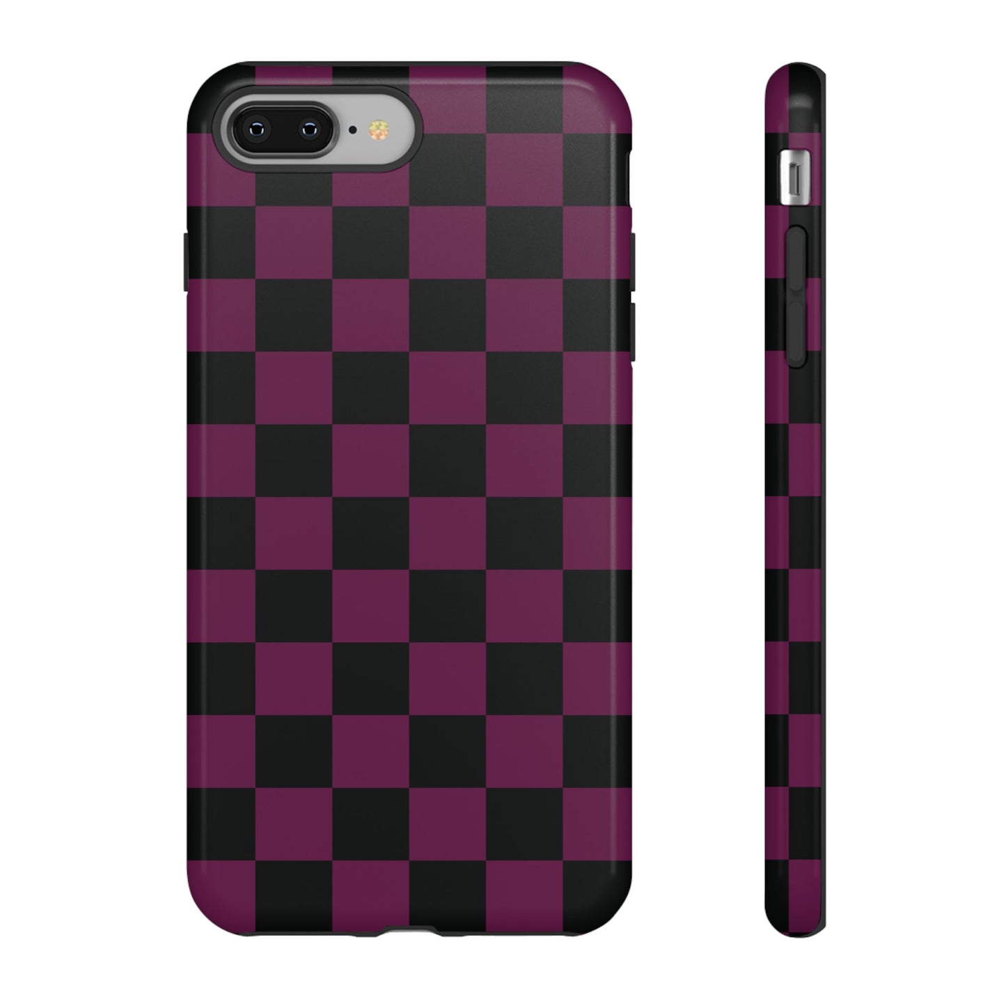 iPhone 8 Plus / Glossy Phone Case - Trendy Plum & Black Checked Pattern Phone Case