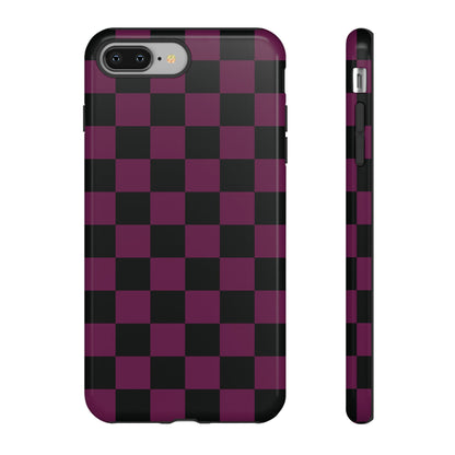 iPhone 8 Plus / Glossy Phone Case - Trendy Plum & Black Checked Pattern Phone Case