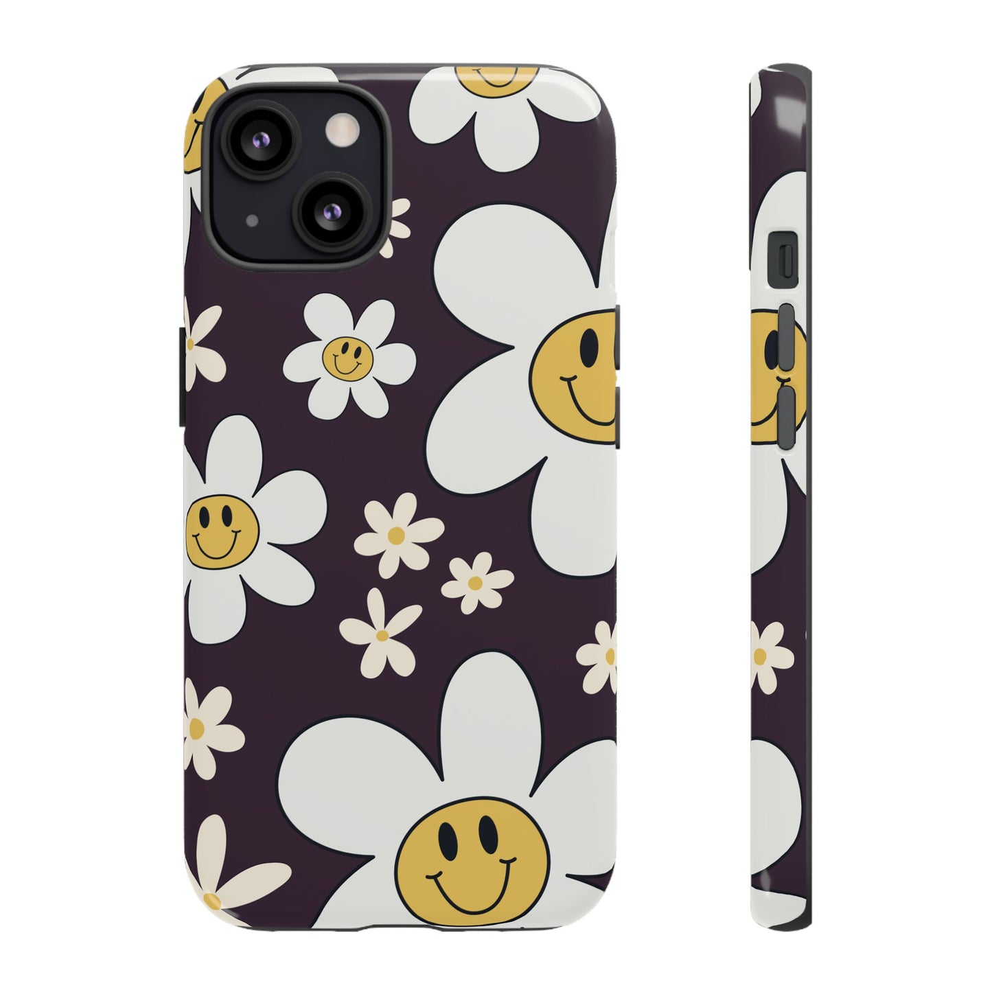 iPhone 13 / Glossy Phone Case - Fun Retro Daisy Pattern with Purple Background Phone Case