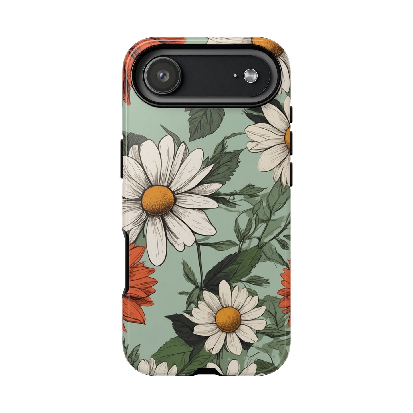 iPhone 17 Air / Glossy Phone Case - Boho Chic Daisies Floral Pattern ’White & Orange’ Phone Case