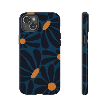 iPhone 15 Plus / Glossy Phone Case - ’Dark Blue & Orange Daisy Pattern’ Phone Case