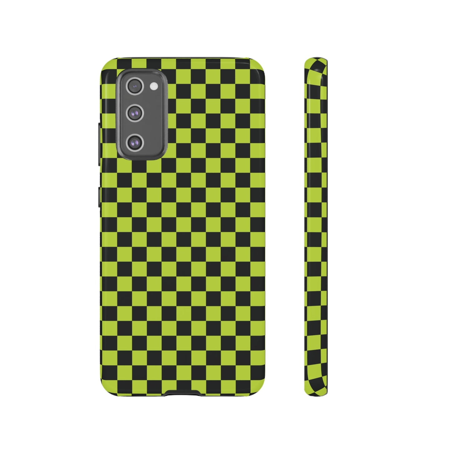 Samsung Galaxy S20 FE / Glossy Phone Case - Trendy Neon Lime Green & Plum Small Checked Pattern Phone Case