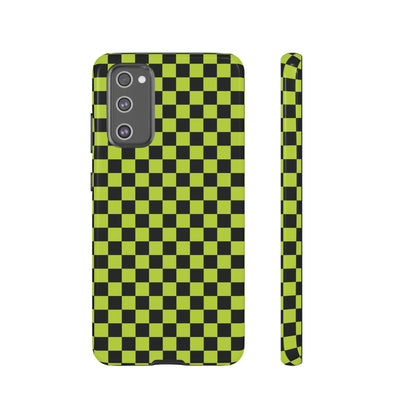Samsung Galaxy S20 FE / Glossy Phone Case - Trendy Neon Lime Green & Plum Small Checked Pattern Phone Case