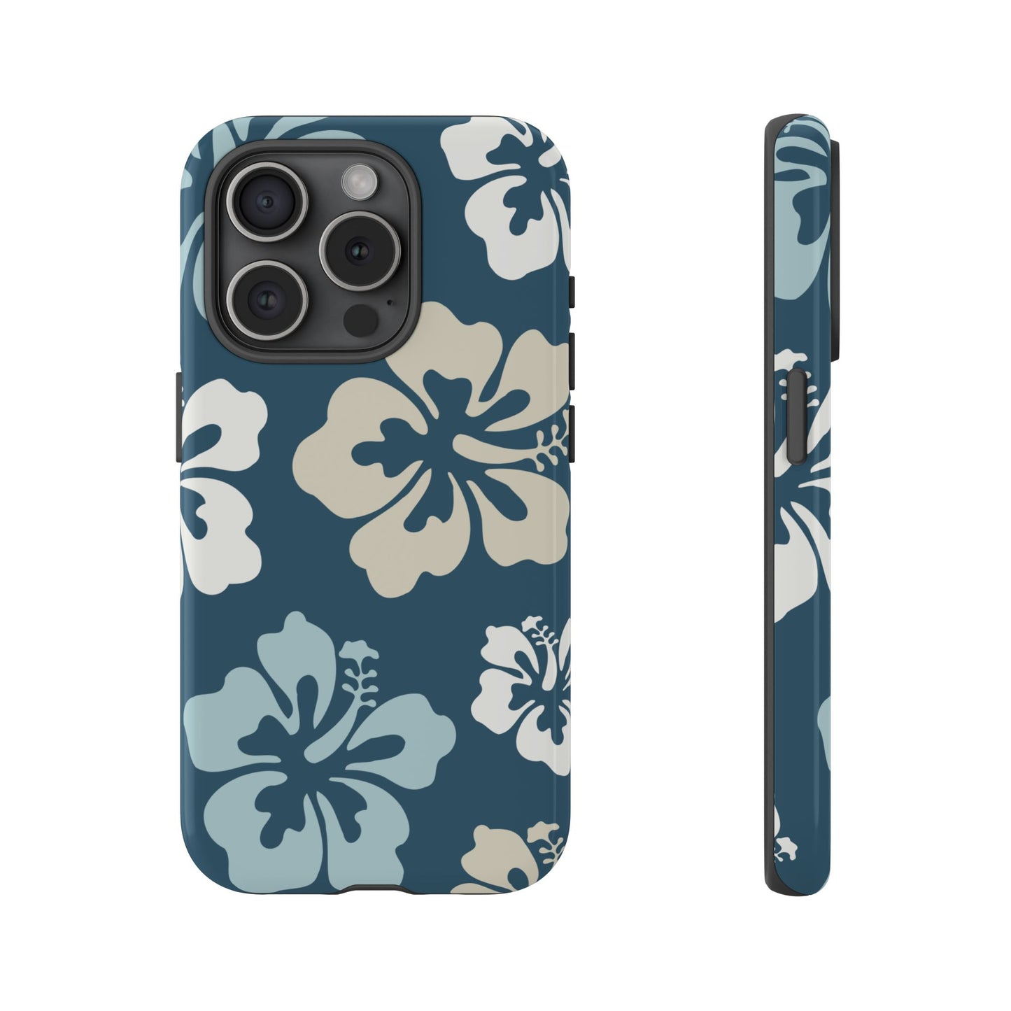 iPhone 15 Pro / Glossy Phone Case - ’Blue Hibiscus Retro Pattern #1’ Phone Case