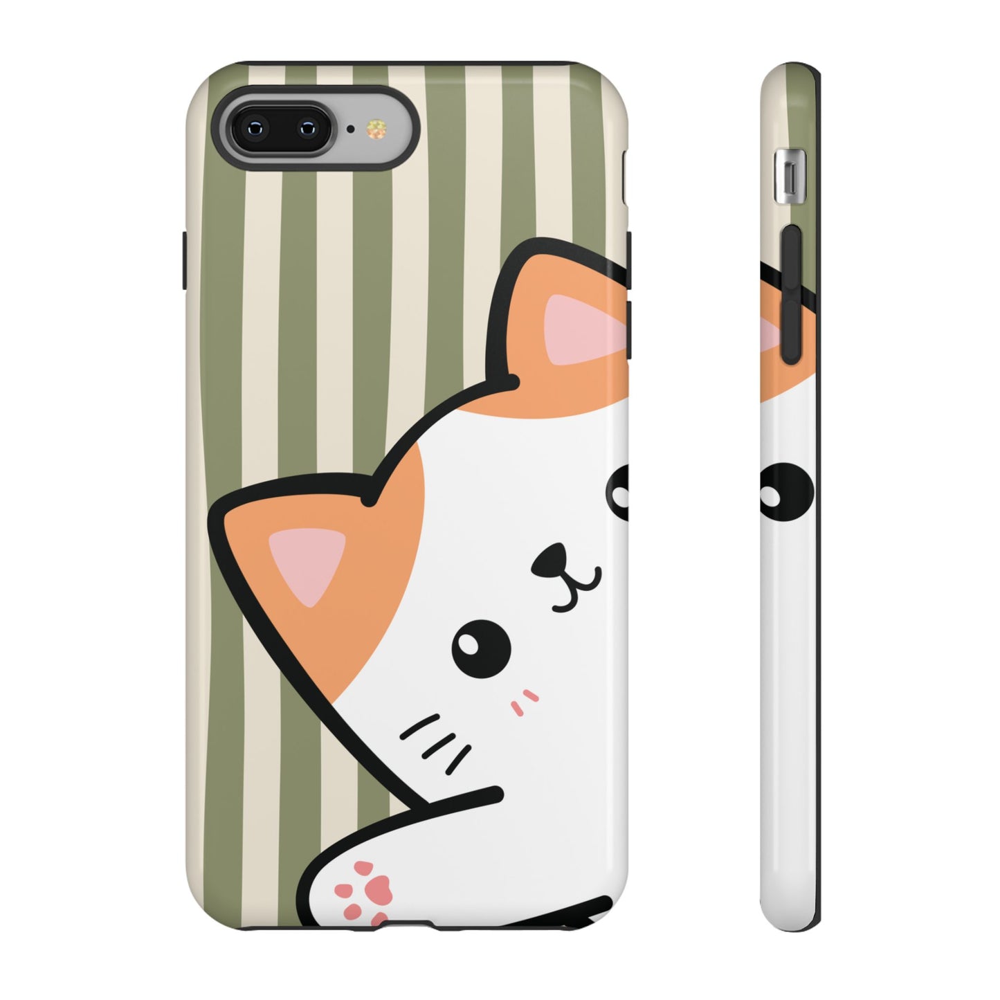 iPhone 8 Plus / Glossy Phone Case - Peakaboo Cat with Green Stripe Pattern Phone Case