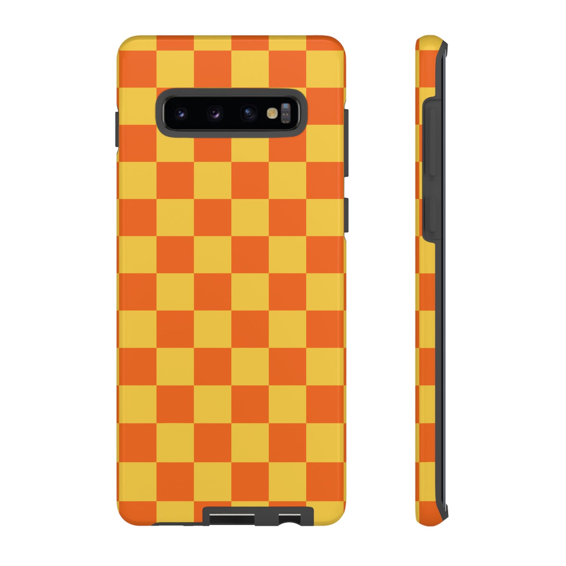 Samsung Galaxy S10 Plus / Glossy Phone Case - Trendy Orange & Yellow Checked Pattern Phone Case
