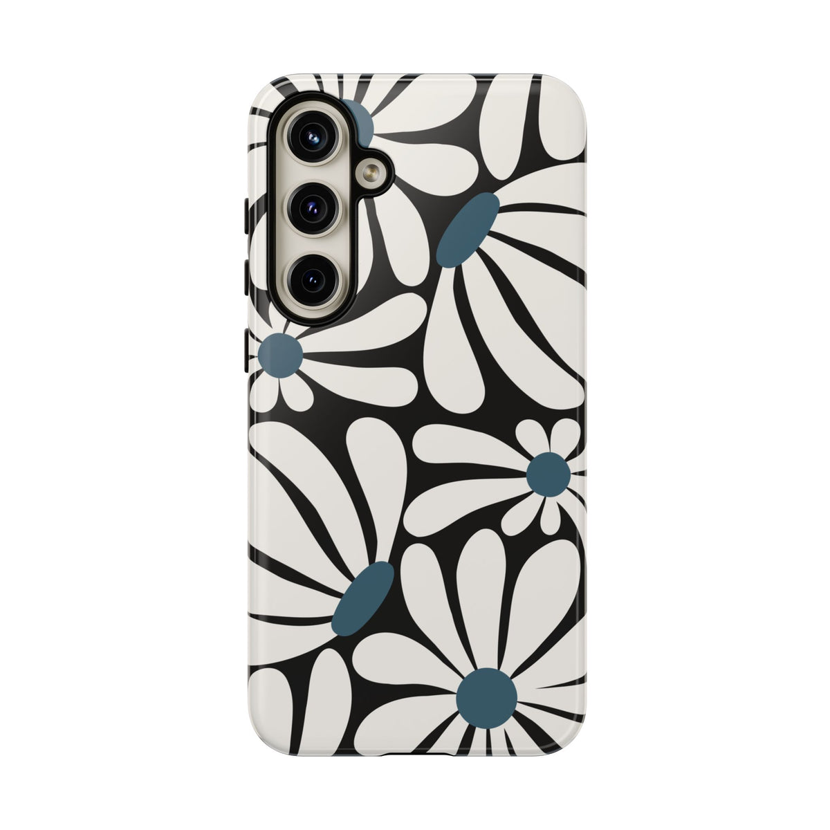 Retro Black Daisy Pattern Phone Case - Black Phone Case - Samsung Galaxy S24 Plus / Glossy