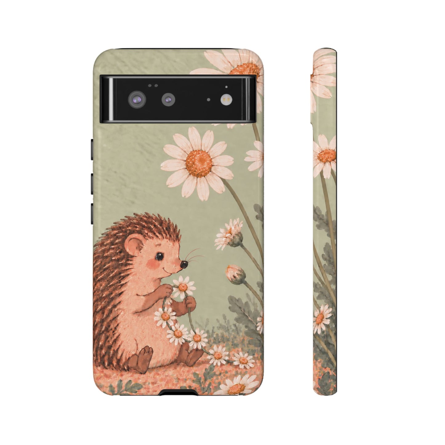 Whimsical Sage Green Hedgehog and Daisy Chain Phone Case - Green Phone Case - Google Pixel 6 / Glossy