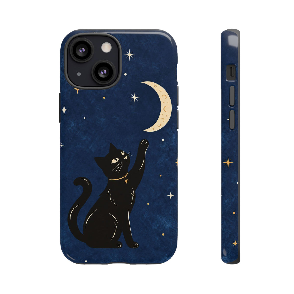 Whimsical Navy Blue Celestial Black Cat Phone Case