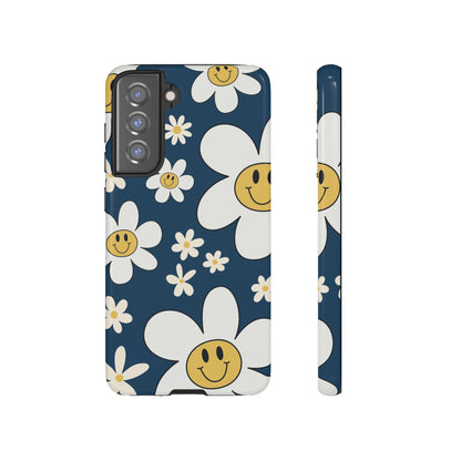Fun Retro Daisy Pattern with Blue Background Phone Case - Blue Phone Case - Samsung Galaxy S21 FE / Glossy