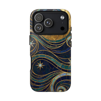 Elegant Navy & Gold Crescent Moon Mosaic Phone Case
