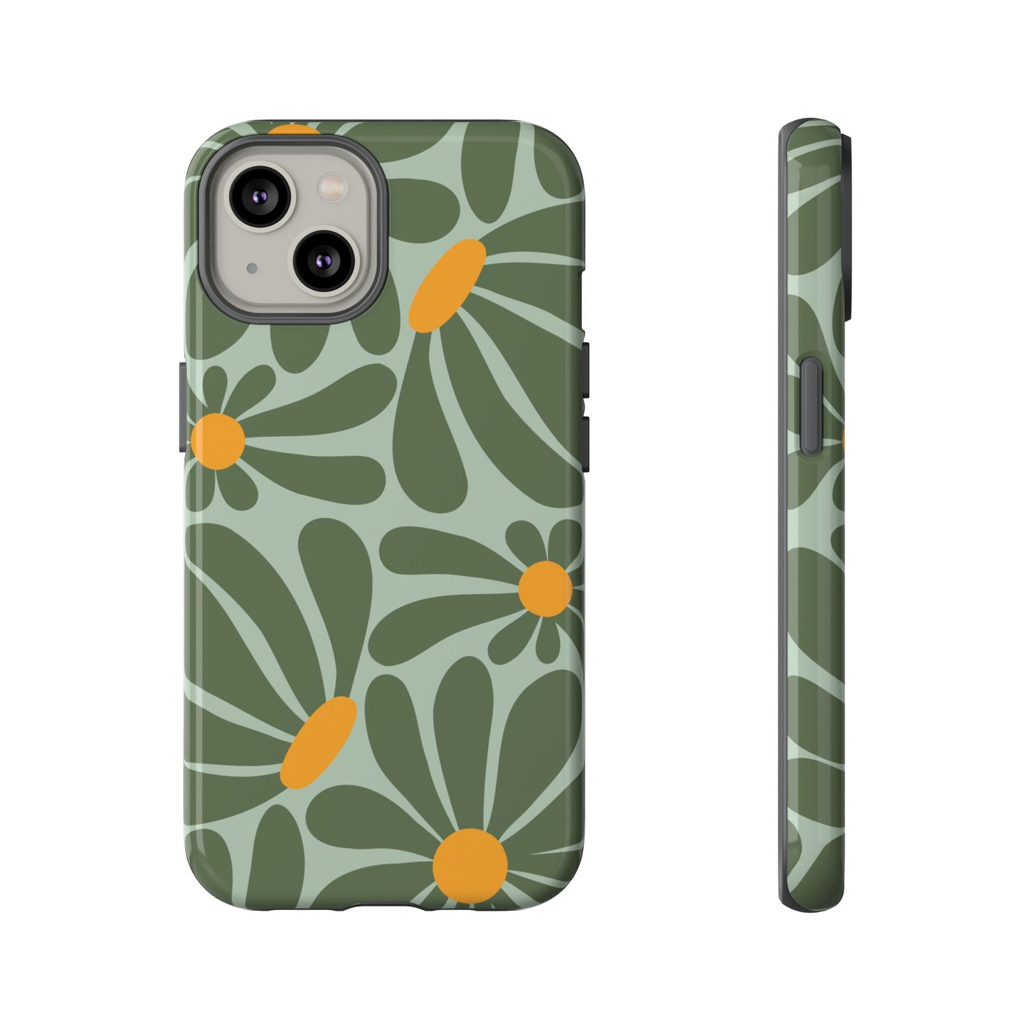 iPhone 14 / Glossy Phone Case - Retro Green Daisy Pattern Phone Case
