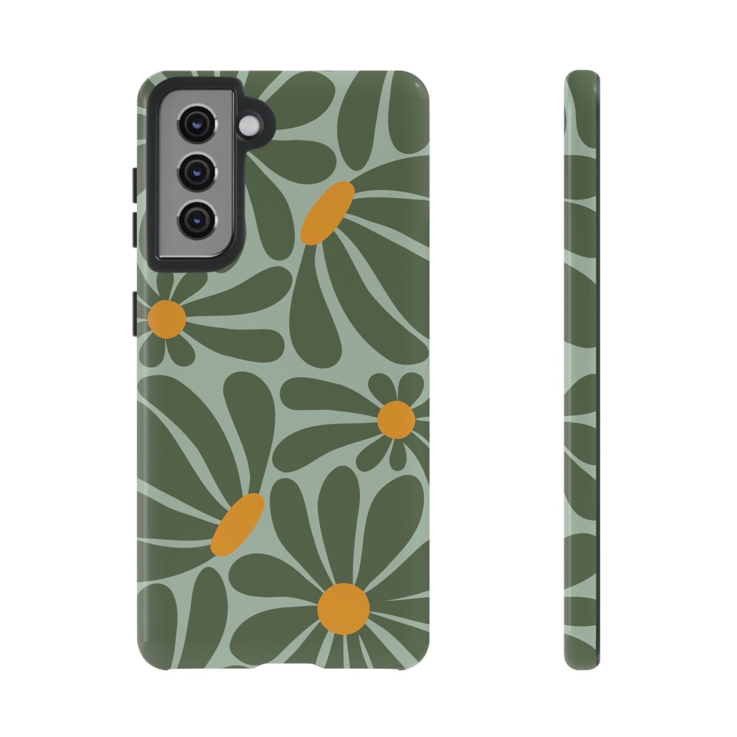 Samsung Galaxy S21 / Glossy Phone Case - Retro Green Daisy Pattern Phone Case