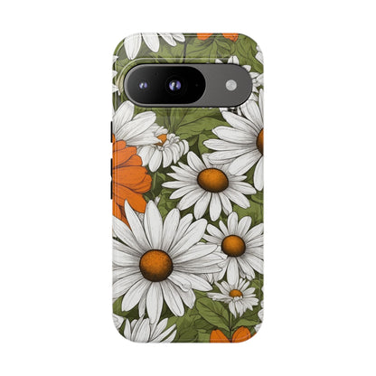 Google Pixel 9 / Glossy Phone Case - Boho Chic Daisies Floral Pattern ’White Orange & Green’ Phone Case