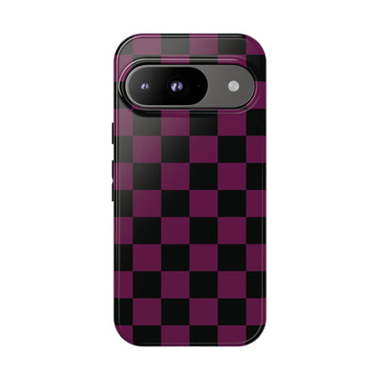 Google Pixel 9 / Glossy Phone Case - Trendy Plum & Black Checked Pattern Phone Case