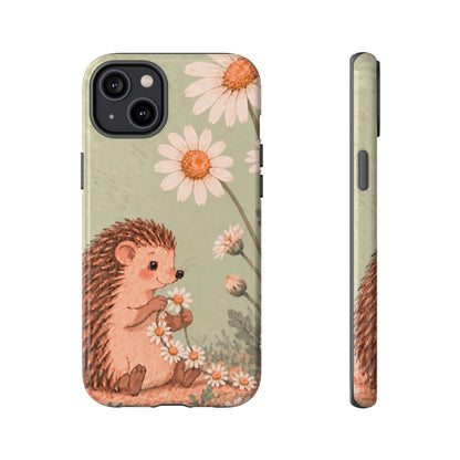 Whimsical Sage Green Hedgehog and Daisy Chain Phone Case - Green Phone Case - iPhone 14 Plus / Glossy