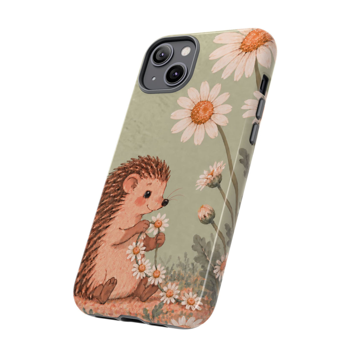 Whimsical Sage Green Hedgehog and Daisy Chain Phone Case - Green Phone Case