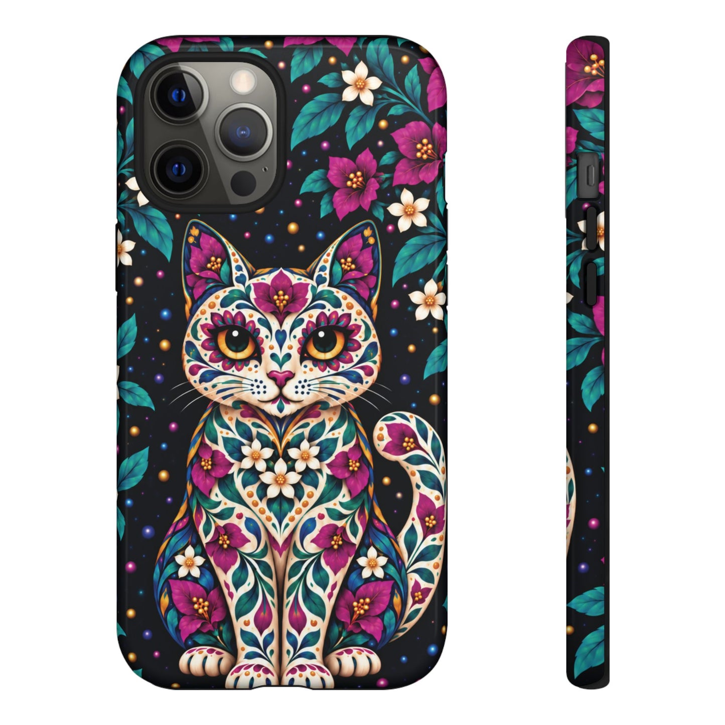 Vibrant Purple and Teal Calavera Cat Phone Case - Multicolor Phone Case - iPhone 12 Pro Max / Glossy