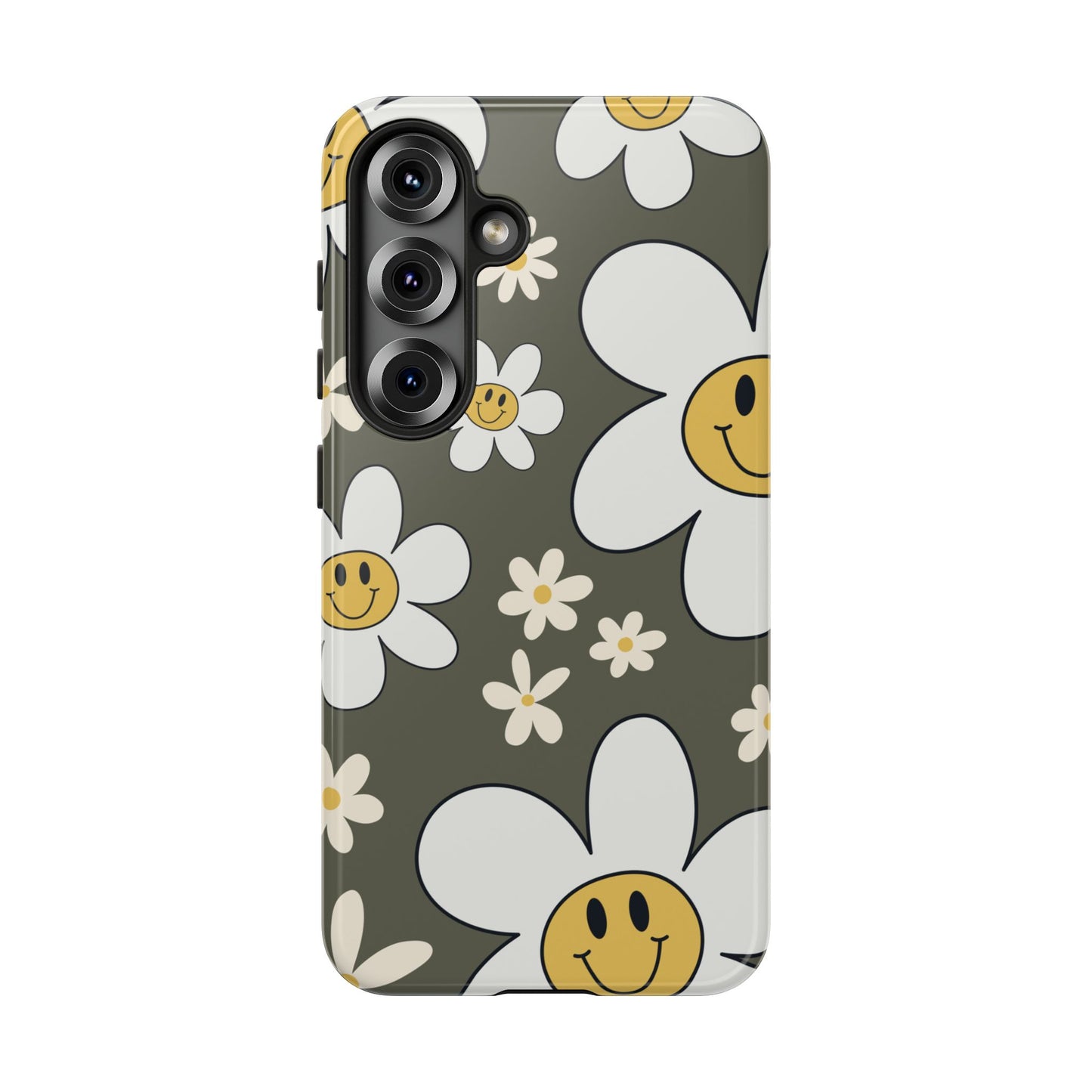 Samsung Galaxy S25 / Glossy Phone Case - Fun Retro Daisy Pattern with Olive Green Background Phone Case
