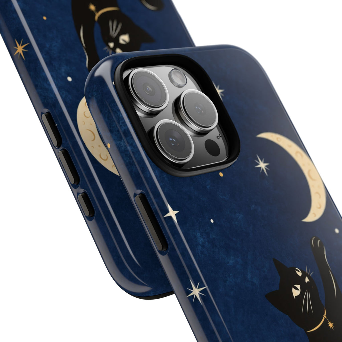 Whimsical Navy Blue Celestial Black Cat Phone Case