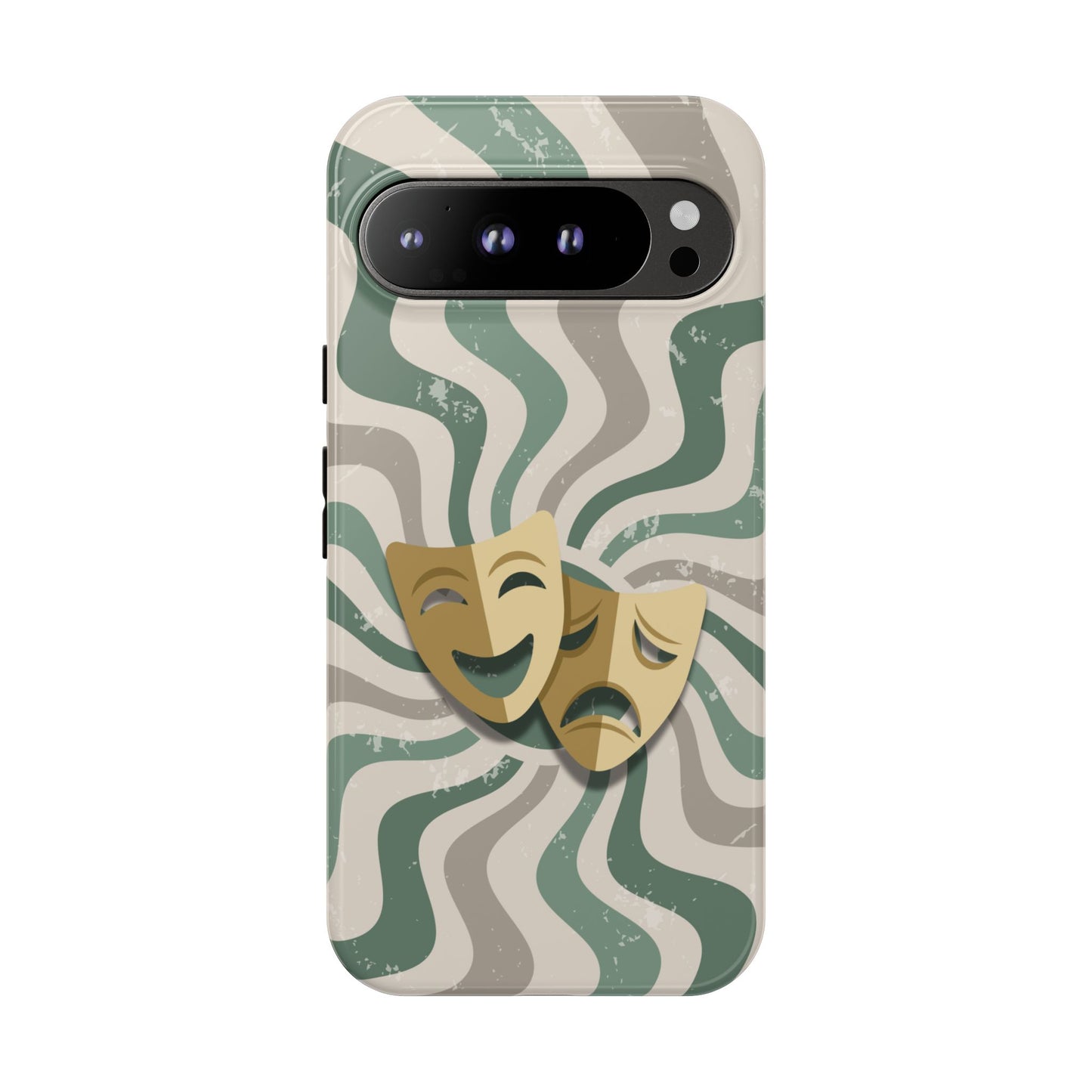 Google Pixel 9 Pro XL / Glossy Phone Case - Comedy & Tragedy Masks – Green Minimal Retro Wave Phone Case