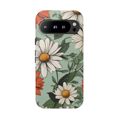 Google Pixel 9 Pro / Glossy Phone Case - Boho Chic Daisies Floral Pattern ’White & Orange’ Phone Case