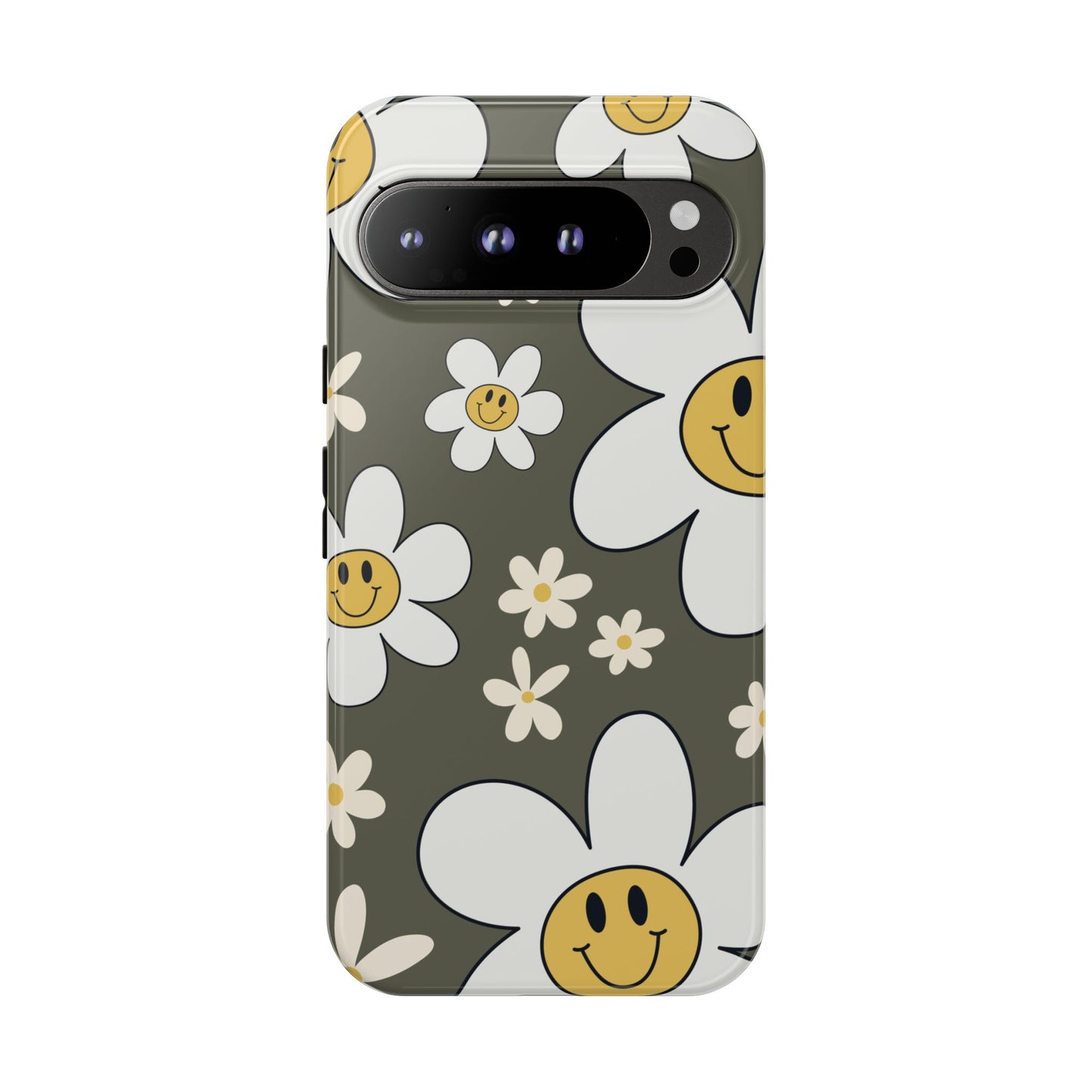 Google Pixel 9 Pro XL / Glossy Phone Case - Fun Retro Daisy Pattern with Olive Green Background Phone Case