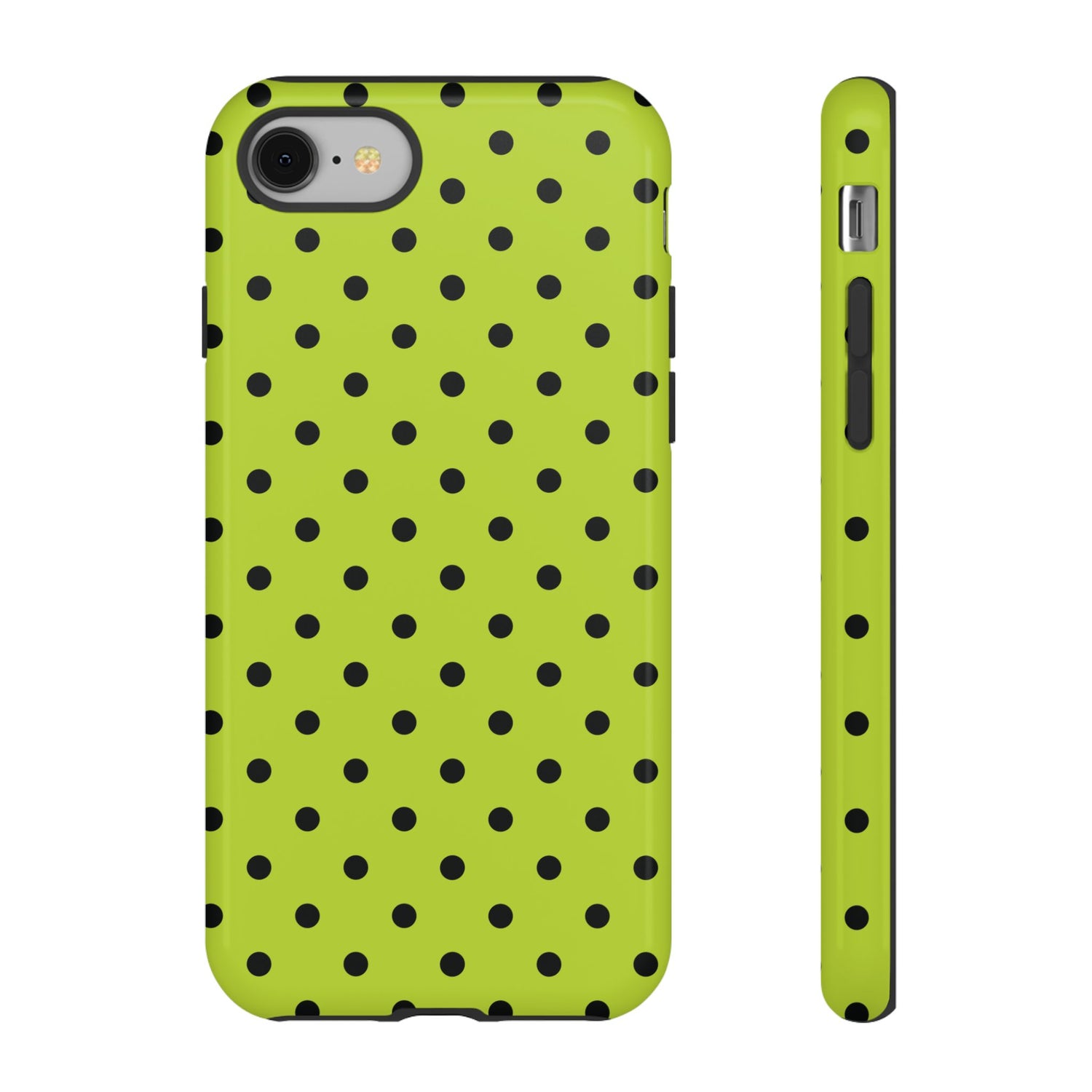 iPhone 8 / Glossy Phone Case - Trendy Neon Lime Green & Black Dot Pattern Phone Case