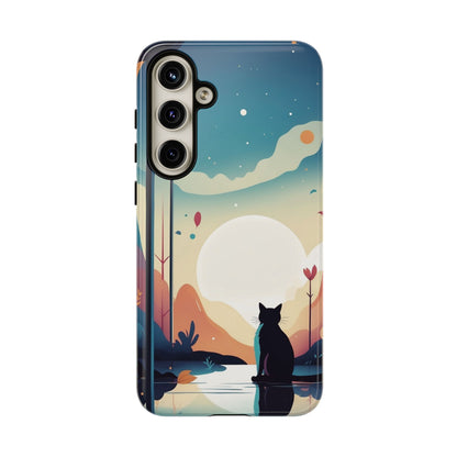 Stylised Cat & Moon Design Phone Case - Multicolor Phone Case - Samsung Galaxy S24 Plus / Glossy
