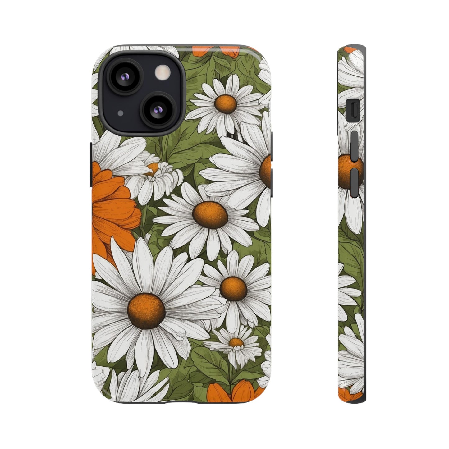 iPhone 13 Mini / Glossy Phone Case - Boho Chic Daisies Floral Pattern ’White Orange & Green’ Phone Case